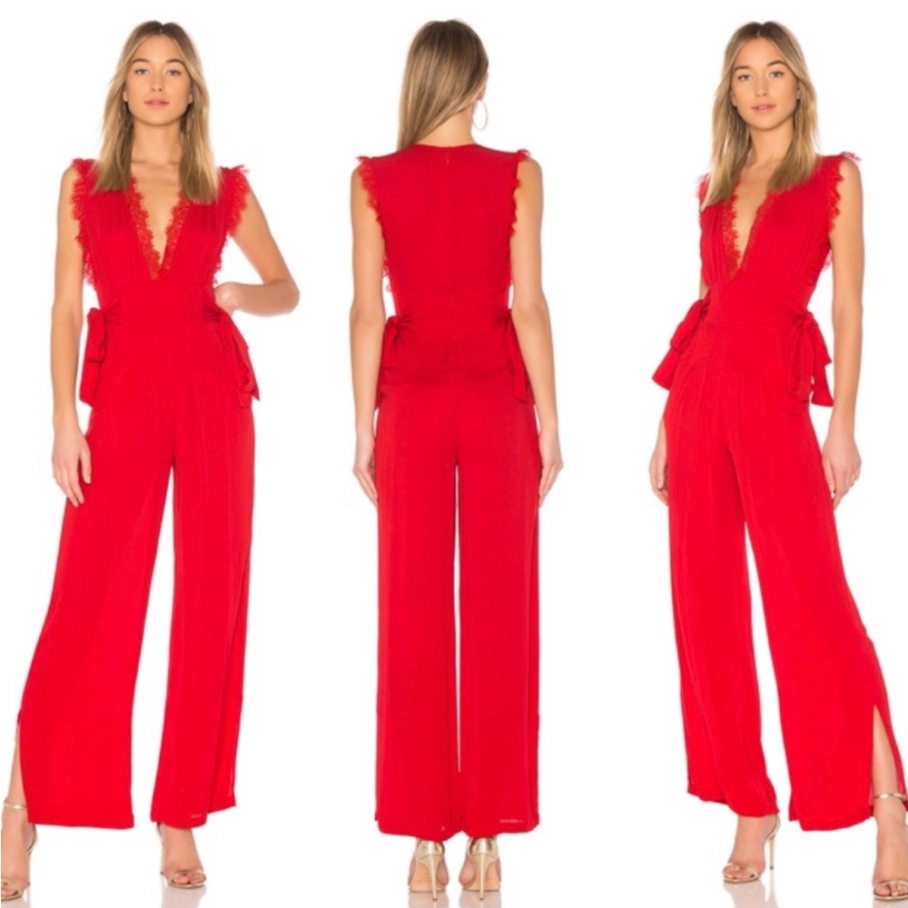 Free People CEM Lace Trim Wide Leg Jumpsuit Red